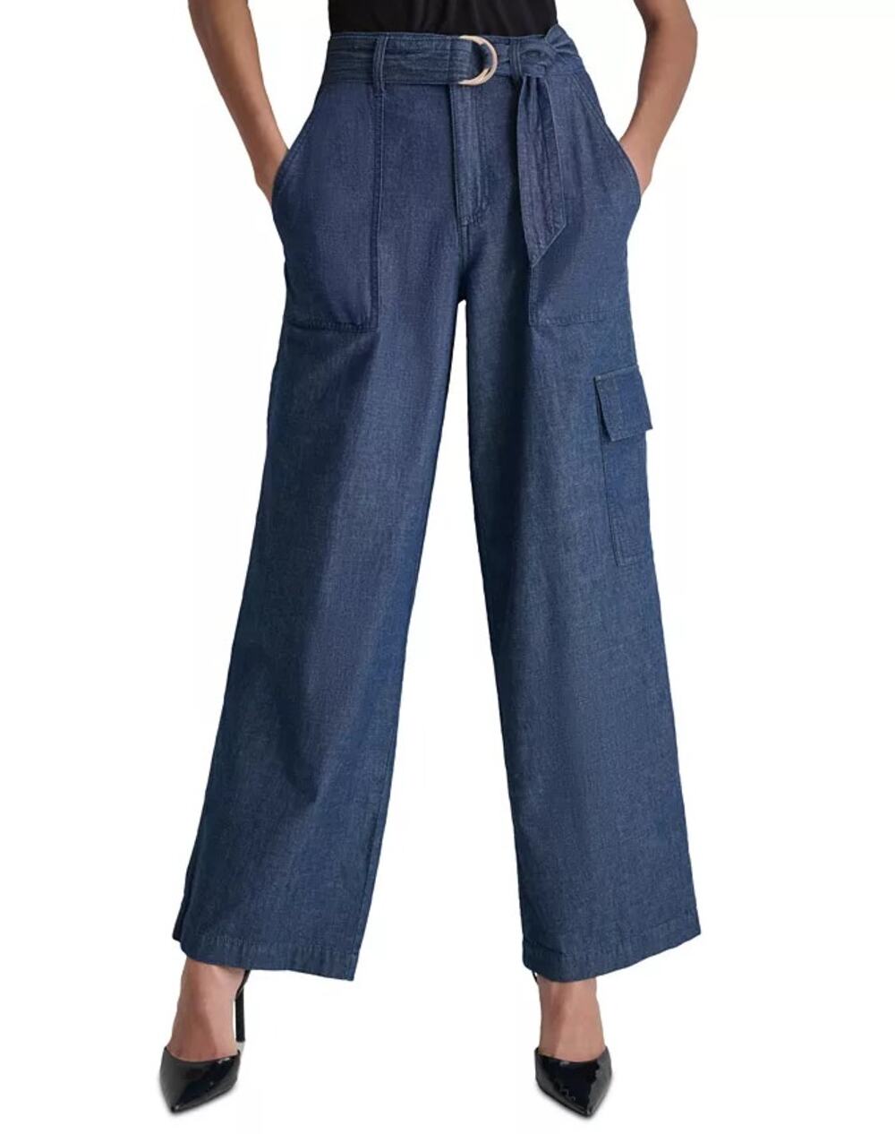 DKNY Wide Leg Belted Denim Cargo Pants High Rise Blue Size 8 NWT